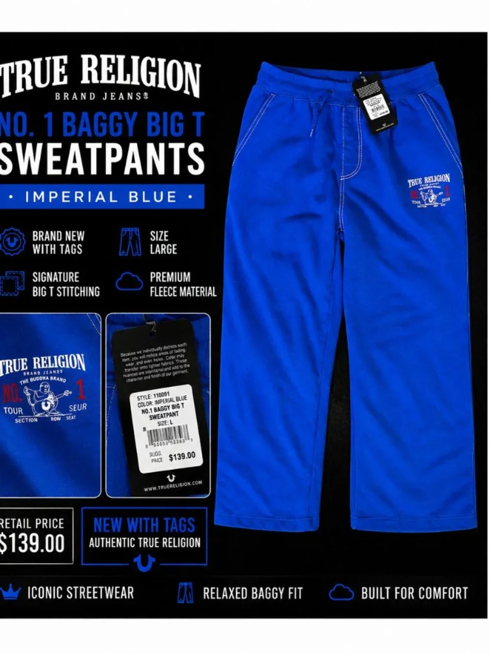 True Religion No.1 Baggy Big T Sweatpants Imperial Blue NWT Size Large